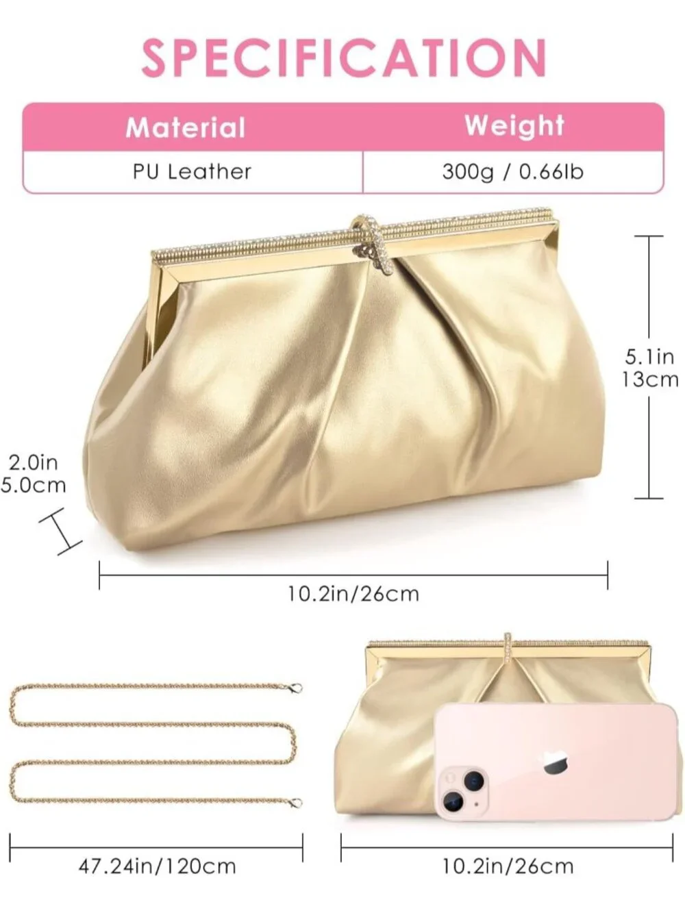 👜 Women's Gold PU Leather Formal Evening Bags Shoulder Party Cocktail Clutch